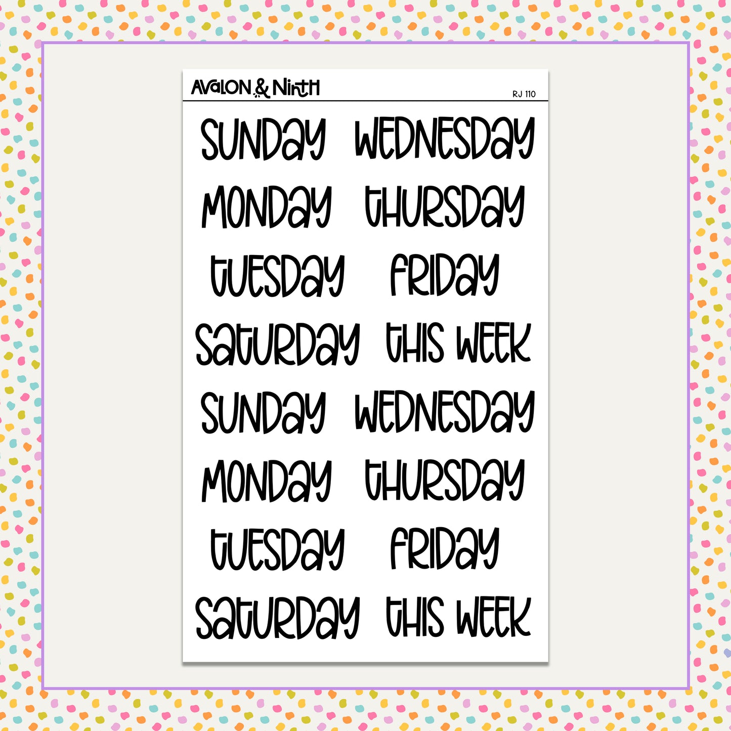 Large Day of the Week Stickers - Reading Journal  // RJ110